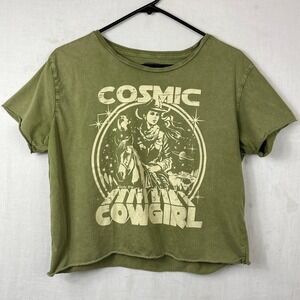 Country Deep Cropped Graphic Tshirt Sz Large Cosmic Cowgirl Distressed Celestial